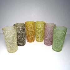 Vintage MCM Hazel Atlas Spaghetti String Tumblers 6 Assorted Colors 12oz