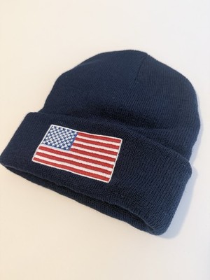 Navy Blue Knit Beanie Hat with American Flag Patch Winter  display picture 3