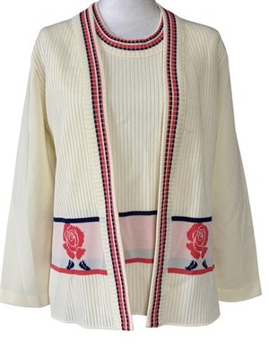 Manicotti Knits Women s S Ivory Rose Floral Twinset Cardigan & Shell Sweater Set