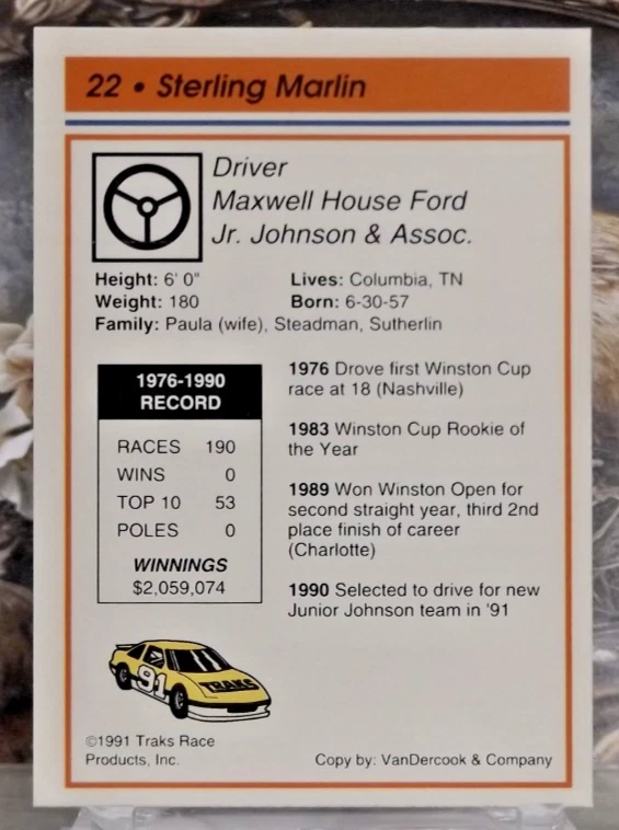 1991 Traks #22 - Sterling Marlin - Junior Johnson Associates - Near Mint - Image 2 of 2