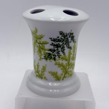 Vintage White Ceramic Toothbrush Holder Green Fern Botanical Leaf 4 Slot Vanity