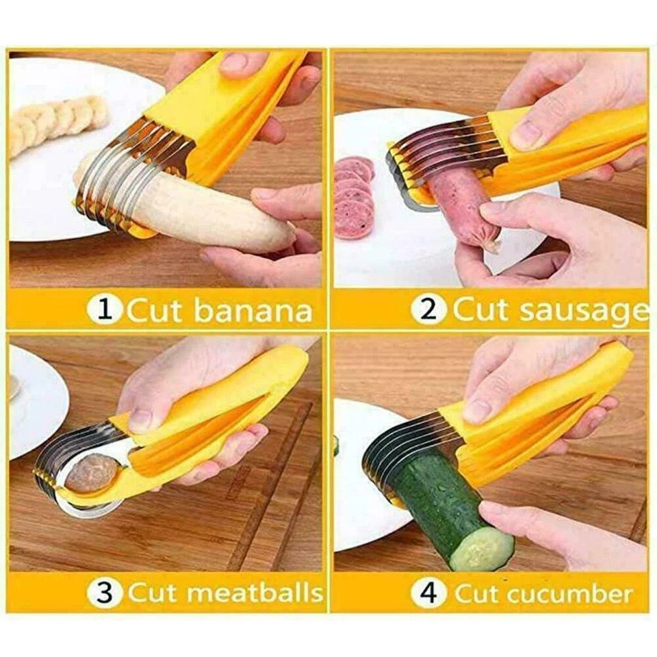 2Pcs Banana Slicer Fruit Knife Veggie Cutter Kitchen Bar Tool Stainless Steel