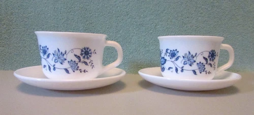 Arcopal France Blue Onion Milk Glass 2 vintage sets Coffee Tea Cups and Saucers