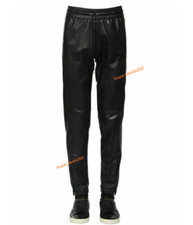 Womens Black Lambskin Leather Jogger Pants High Waist Slim Fit Skinny Style Wear