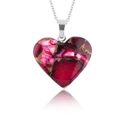 Natural Red Dahila Oyster Turquoise Heart Shape Crystals Pendant Necklace, Ch...