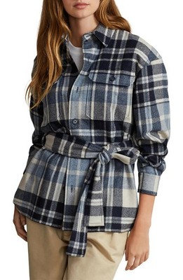 Polo Ralph Lauren Women's Belted Twill Wool Blend Shirt Jacket Plaid Blue Size 4