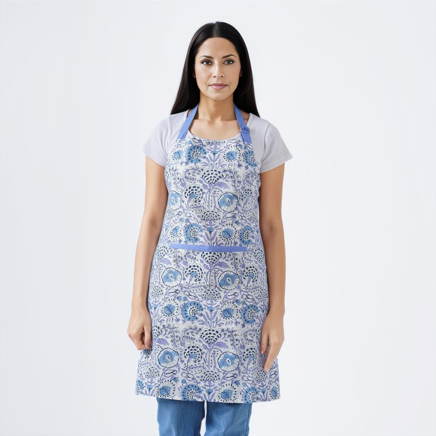 Cotton Floral Kitchen Apron for Women with Pocket Adjustable Neck Ties
