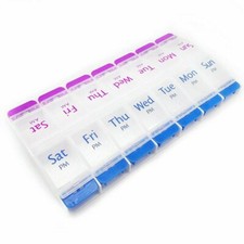 Portable Weekly Pill Storage Box 14 Grids Double Row Organizer Dispenser Medicin