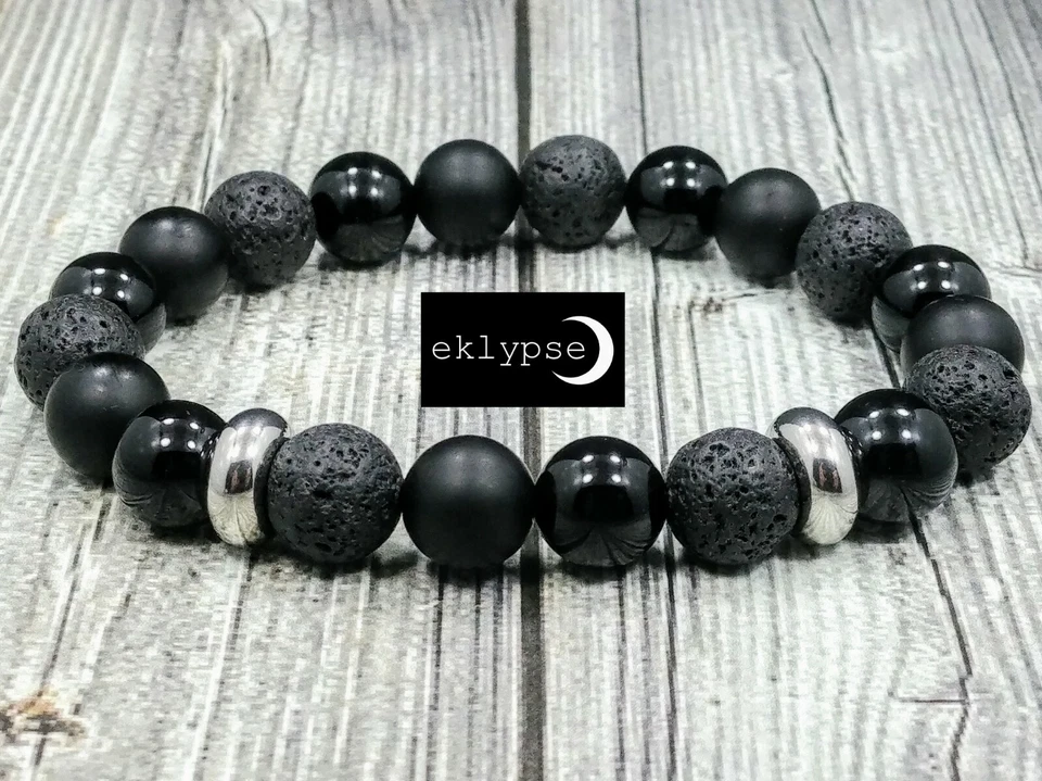 Pulseira de contas de aço inoxidável 8"L 10 mm fosca + ônix preto polido + pedra preciosa lava - Imagem 3 de 4