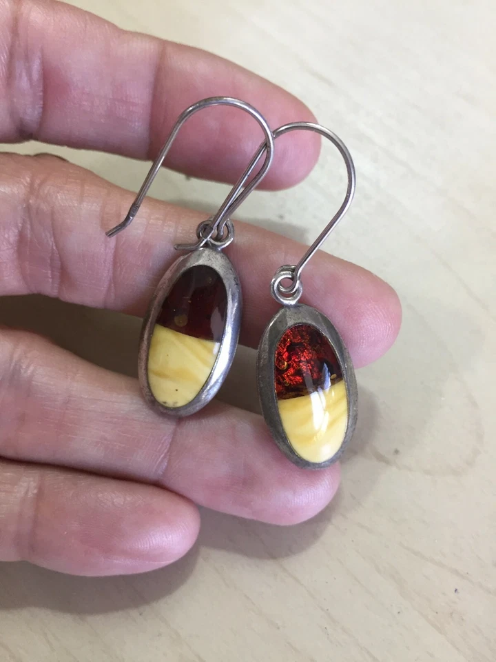 Vintage Artisan Handmade Sterling Silver 925 Long Oval Amber Hook Earrings 🌻 7g - image 3 of 4