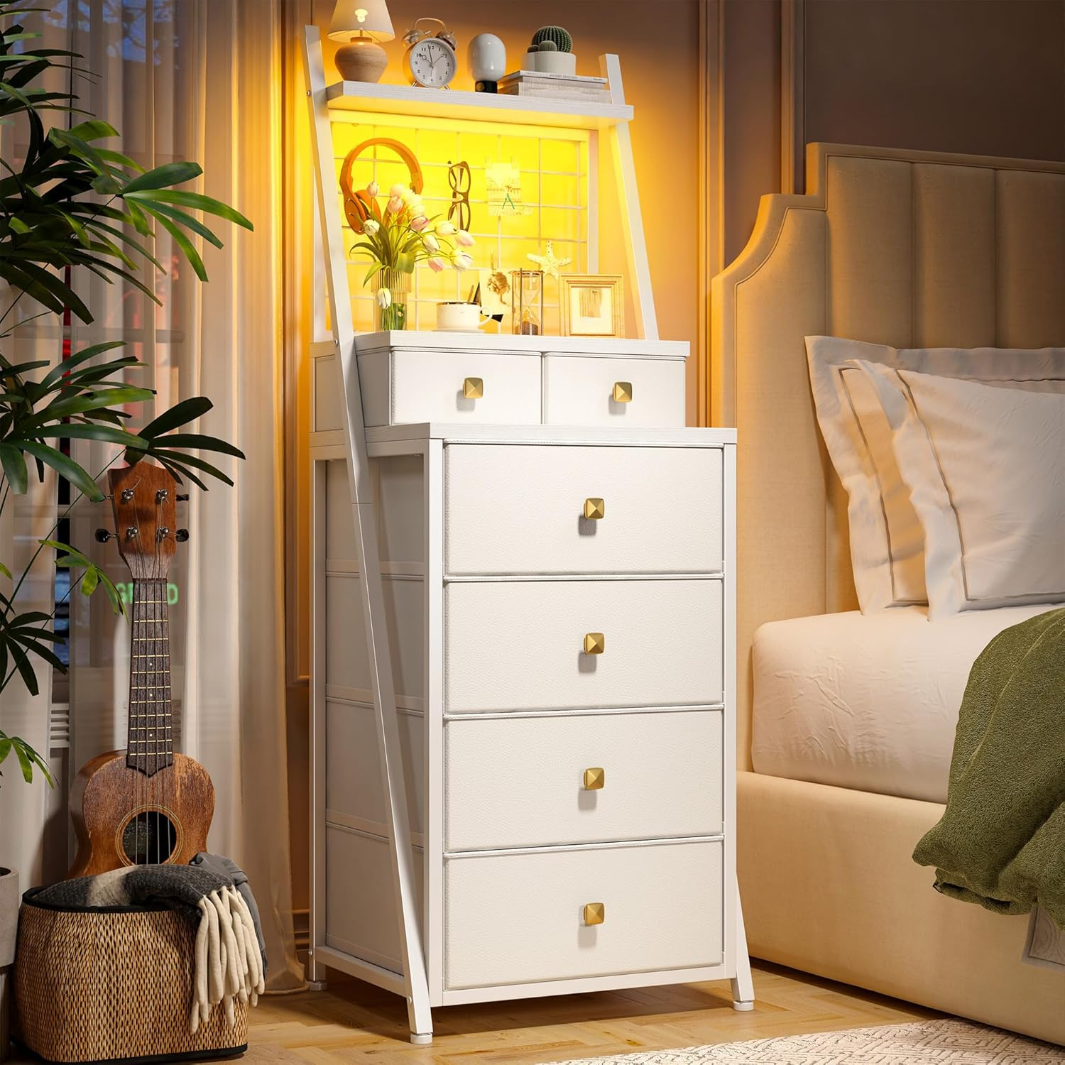 LED Vertical Dresser with 6 Grid Drawers for Bedroom Storage