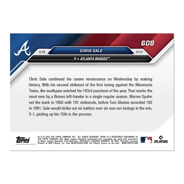 Chris Sale Braves Record Ks By Lefty- 2024 MLB TOPPS NOW Card 608