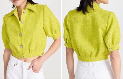 L'AGENCE Jacket Lime Cove Cropped Tweed Top Button Up Puff Sleeve Green 