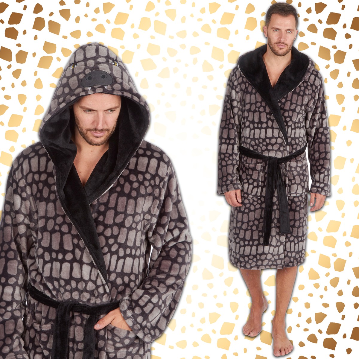 Mens Adult Dino Faced Dressing Gowns Bathrobe with Pockets Lounge Plush  *M-XXL**