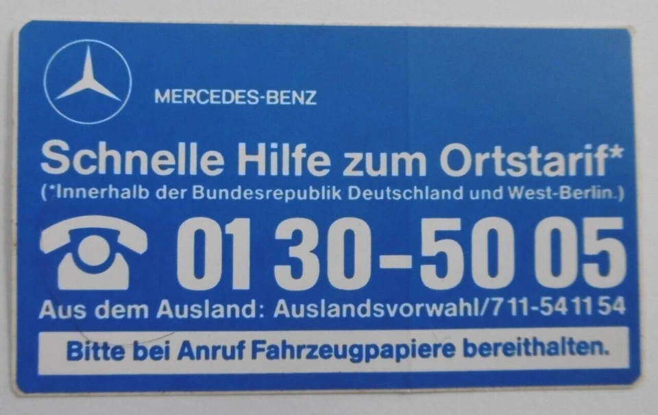 MARKENLOS Werbe-Aufkleber Daimler Benz Service Notdienst Rufnummer Mercedes Oldtimer 80er