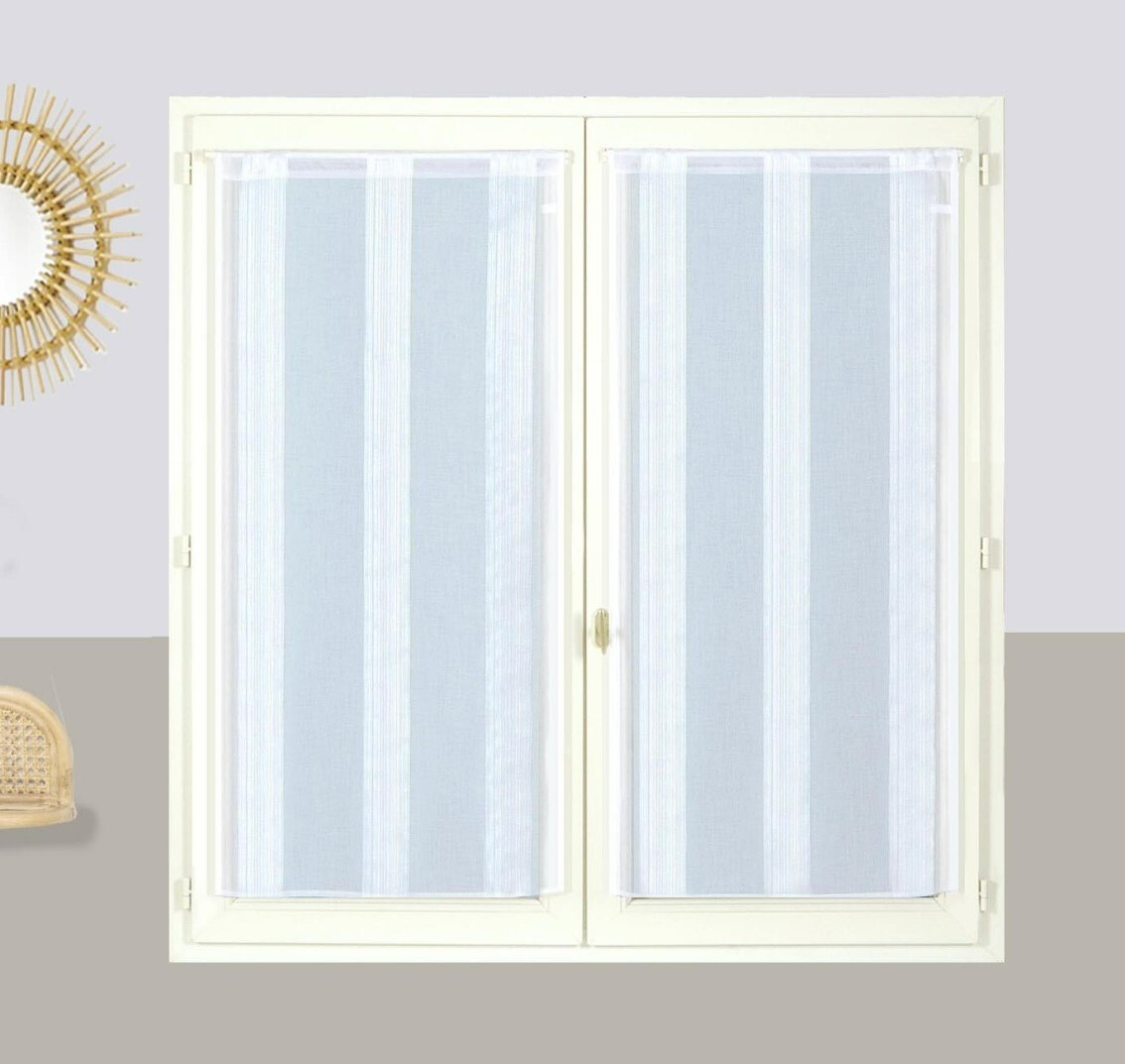 Voilage blanc anti-vis-à-vis à rayures | Paire de rideaux passe-tringle 45x160cm