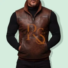 Men's Pullover Style Brown Leather Vest Genuine Lambskin Leather Classic Vest