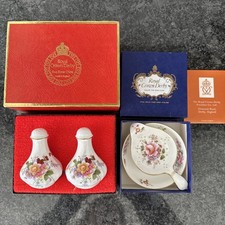Royal Crown Derby, Posies Tea Strainer & Bowl, Salt & Pepper Shaker Unused Boxed