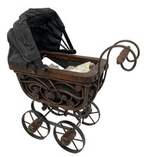 Vintage Victorian Style Bentwood and Metal Miniature Doll Baby Pram/Carriage 11"