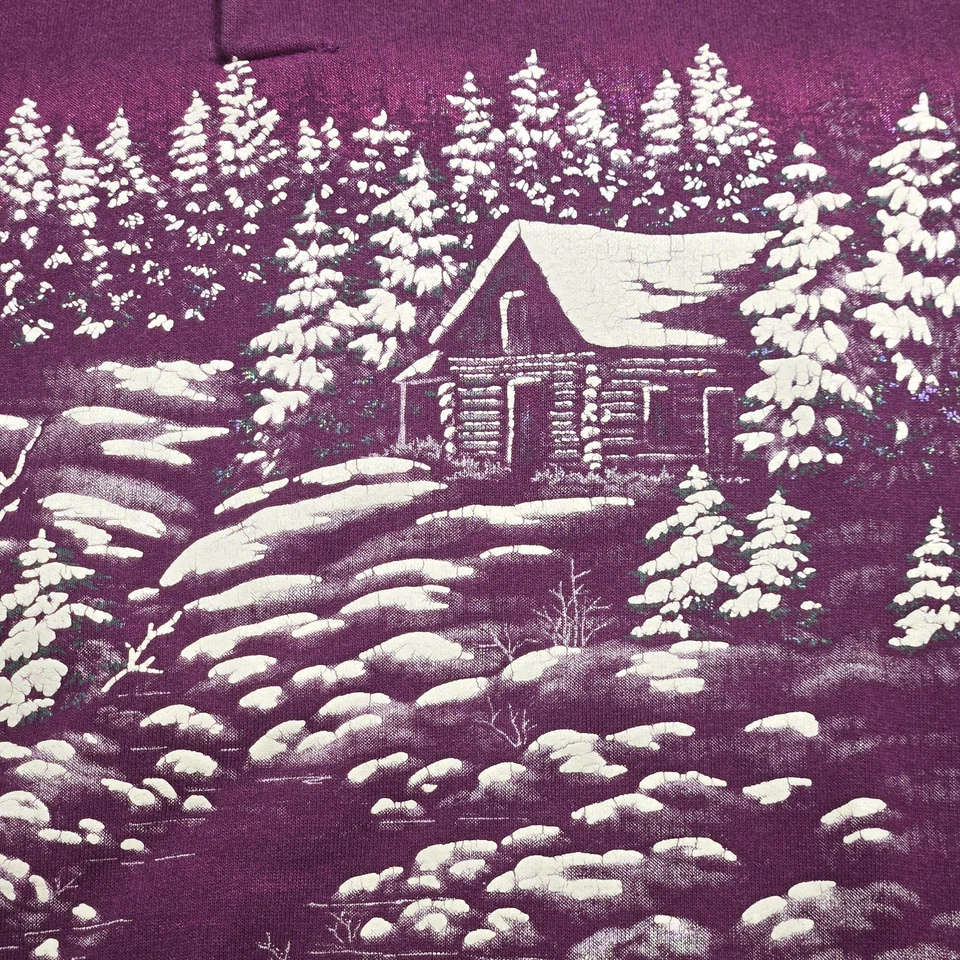 VTG 90s Art Unlimited Cabin Snow Scene Henley Sweatshirt Purple L Made USA - Image 2 of 4