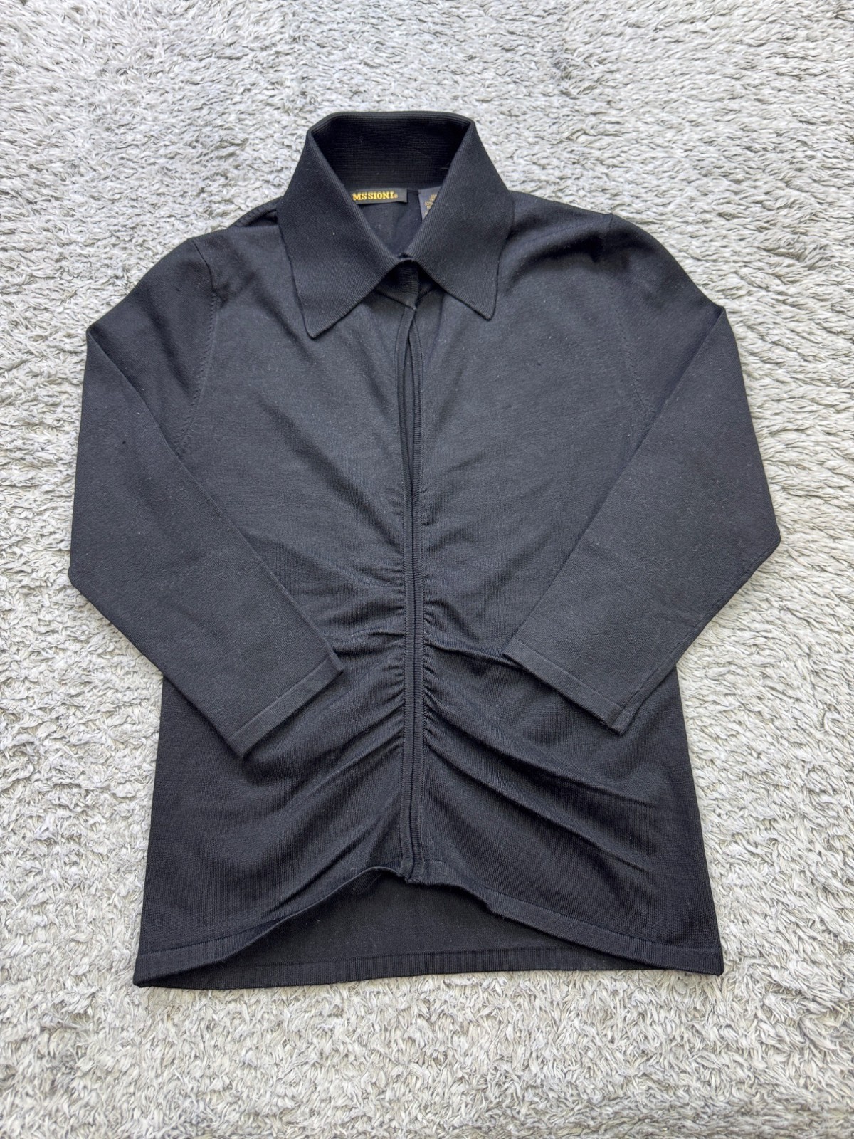 Missioni Top Women Small Black Silk Blend Collared 3/4 Sleeve Ruched Keyhole