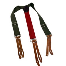 Vintage Boys Suspenders Y-Back Button On Leather Tabs Green Red 35 Inch