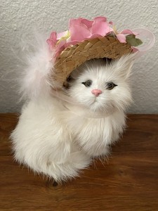 Vintage 1950s Fancy Realistic Cat with Flower and Feather Hat - Rabbit Fur