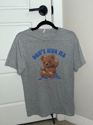 Medium Gray Teddy Bear T-Shirt Cute Casual Blue Lettering Simple Lightweight