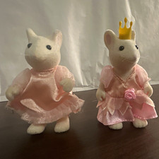 Angelina Ballerina Sylvanian Families White Mouse Dolls Pair Pink Dress w/ Crown