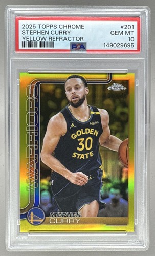 149029695 Stephen Curry 2025 Topps Chrome #201 Yellow Refractor /275 PSA 10