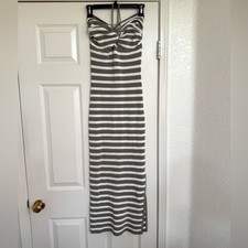 Miou Muse Striped Knitted Knot Front Maxi Dress Green White Large L