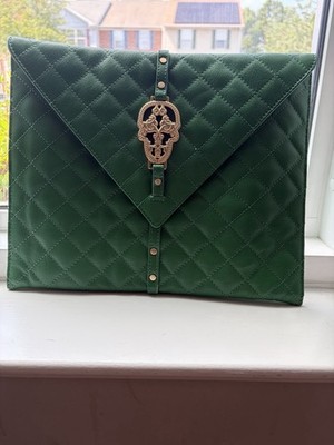 Thomas Wylde Quilted Leather Envelope Clutch-Emerald Green Gold Skull
