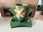 Vintage Roseville Pottery USA Clematis Triple Vase “192-5” Blue Green 1940's