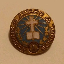 Sunday School Award Religious Pinback Christian Cross Bible Blue Gold Patented
