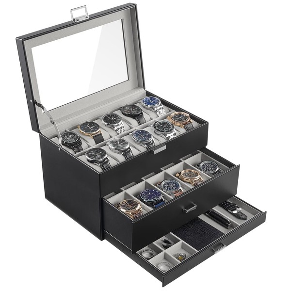 Uhrenbox Uhrenaufbewahrung Glasdeckel Schmuckkasten Organizer 20 FäCher 49 Mm-image