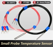 Temperature Sensor PT100 RTD 0-5M Ultra Thin Probe -50~200°C Waterproof 3 Wire