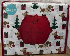 Christmas Dogs Queen Sheet Set Holiday Decor Bedding Dachshund NWT 4 Piece Set