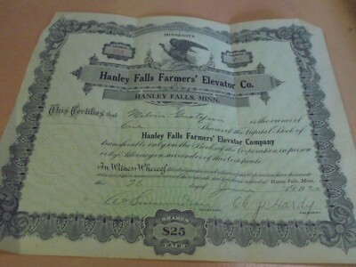 Vintage Hanley Falls Farmers' Elevator Co. Stock Certificate Minnesota CHOICE