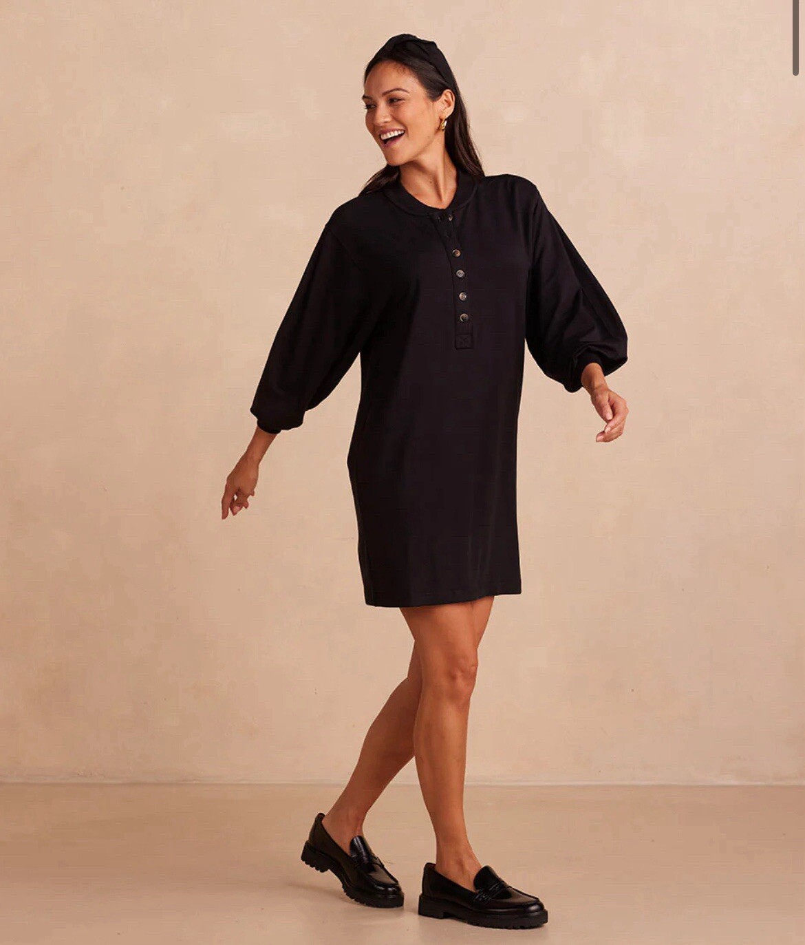 Summersalt Black softest Henley Dress Simple Comfy Relaxed Balloon Sleeve NWT SM