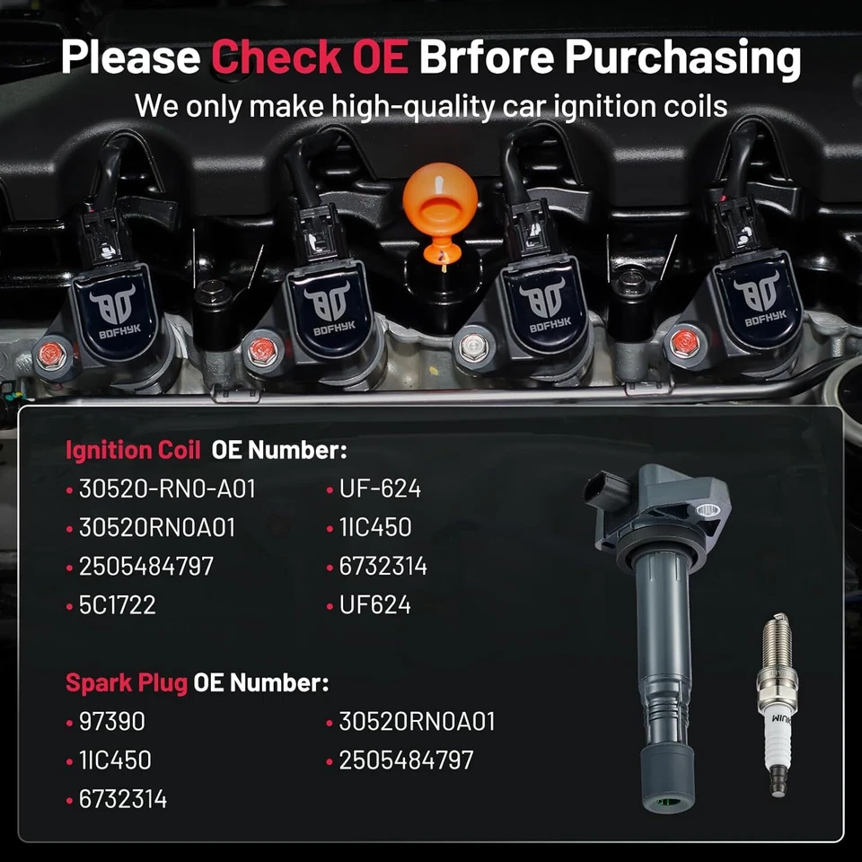 6 Ignition Bobinas Pack UF624 and Spark Plugs For 2009-2015 Honda Pilot 3.5L V6 - Image 4 of 4