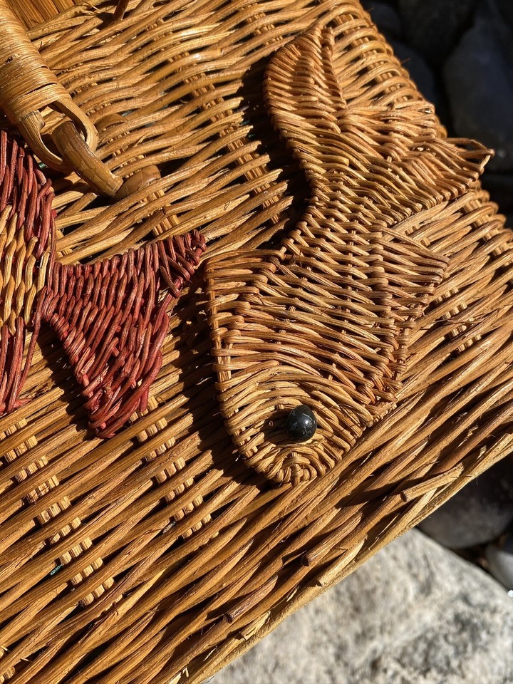 Vintage Wicker Rattan Picnic Basket Tropical Lining Lock Handle