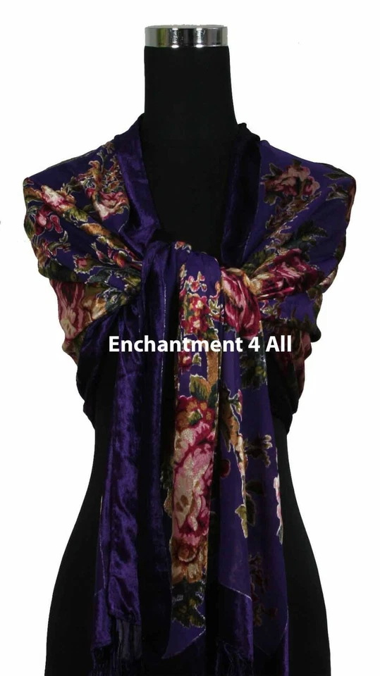 Elegante 100% Seda Terciopelo Burnout Vintage Floral Oblongo Bufanda Mantón Envoltura, Púrpura Foto 3 de 4