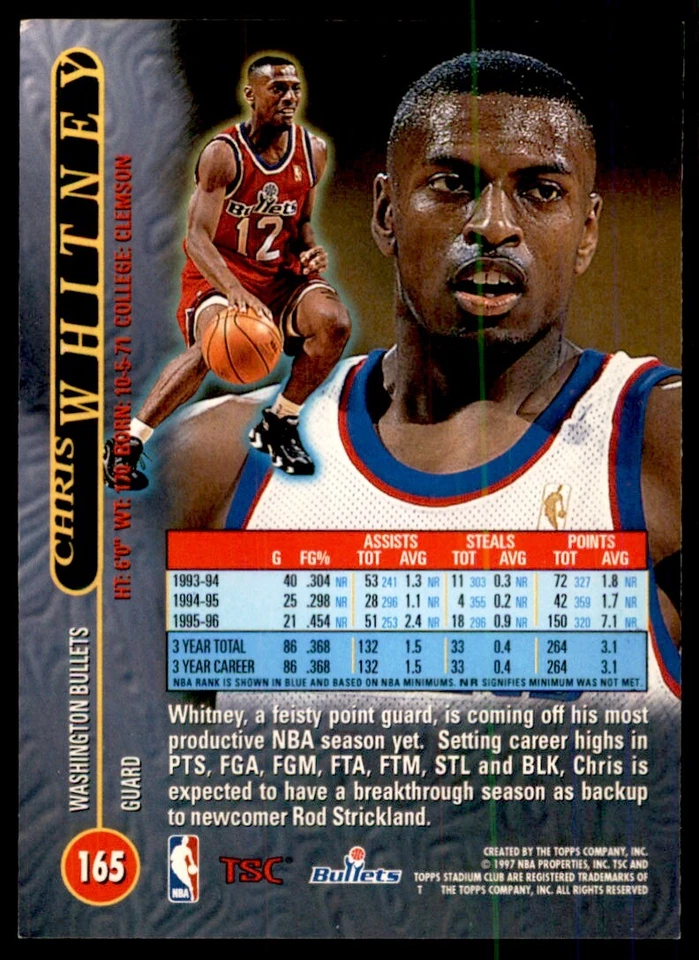 1996-97 Stadium Club Chris Whitney Basketball Cards #165 - Image 2 of 2
