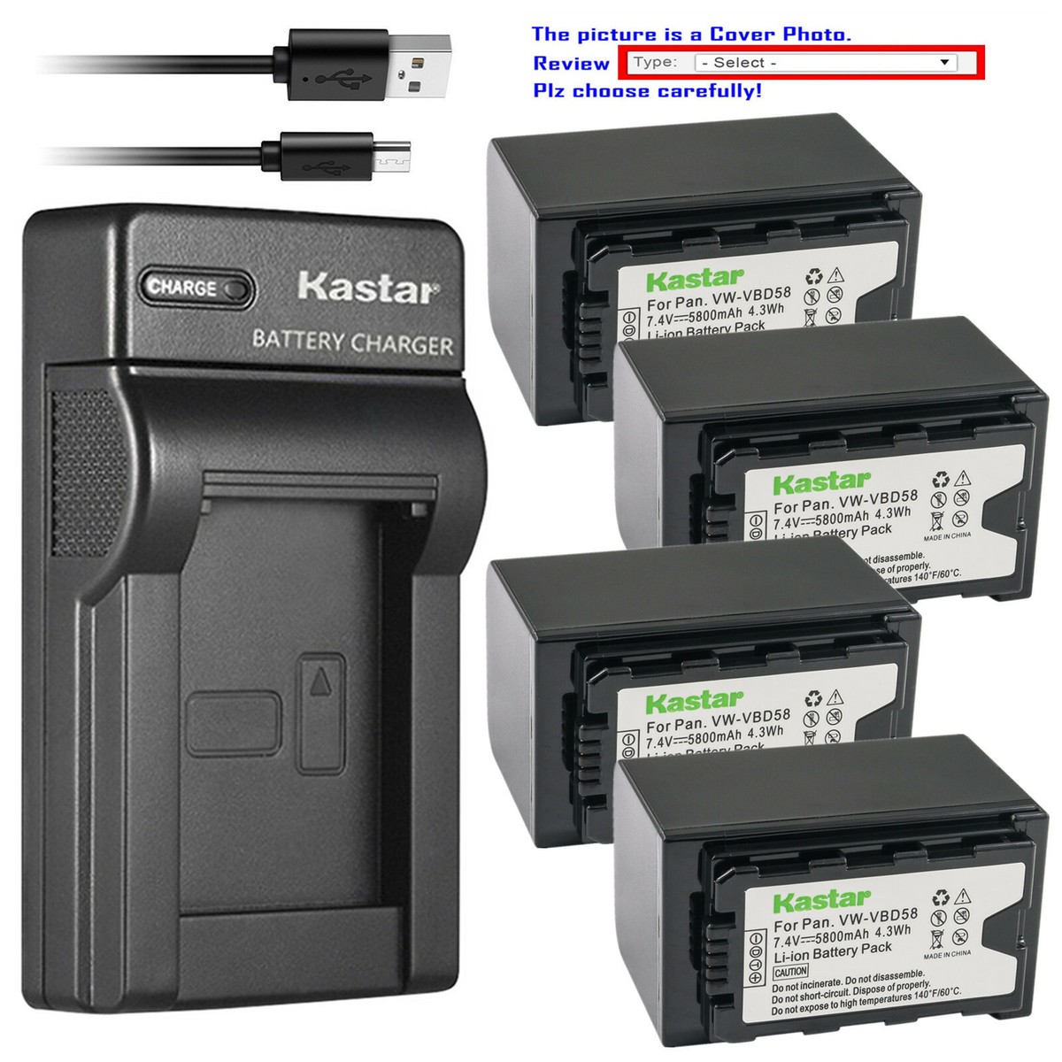 Kastar Battery Slim USB Charger for VW-VBD58 Panasonic HC-X1 HC