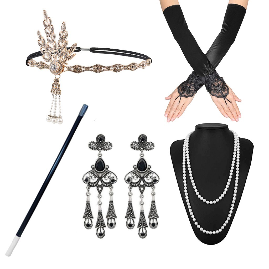 Flapper Set 1920 Costume Gloves Earrings Pearl Necklace  display picture 3
