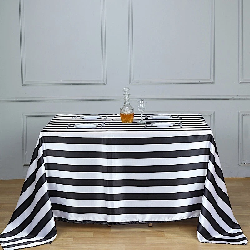BLACK WHITE 60x102" Satin Stripes Rectangular Tablecloth Wedding Decorations - Image 2 of 4