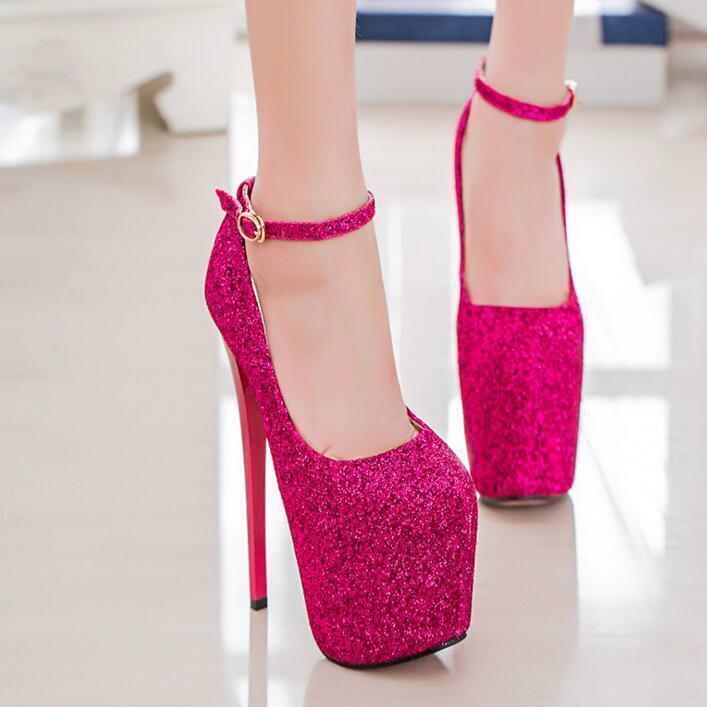 Sparkly Women's High Stiletto Platform Ankle Strap Party Heels