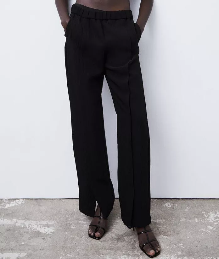 NWT Women's Zara Structured Straight Leg Slit Pants, Black, Size Large