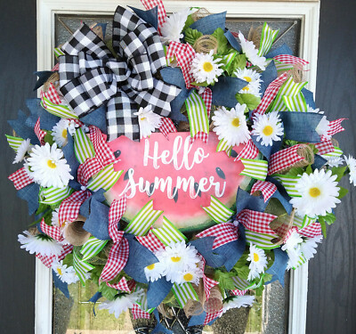 XL Spring Summer Watermelon Denim Daisy Floral Deco Mesh Front Door Wreath Decor