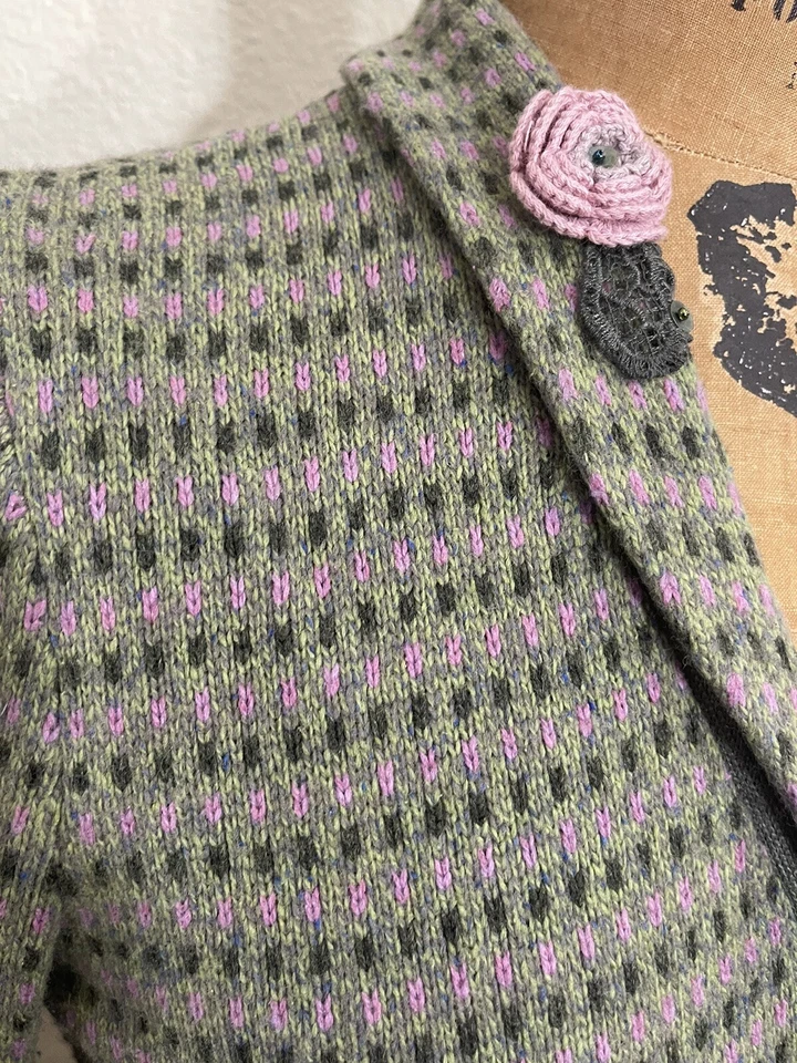 Cárdigan Suéter Sigrid Olsen Crochet Ribete Rosa Oliva Lana Seda Cachemira Mediano Foto 4 de 4